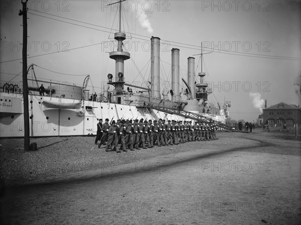 U.S.S. Brooklyn, Marine guard company drill by sections, (1897?). Creator: Unknown.