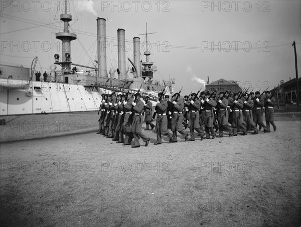 U.S.S. Brooklyn, Marine guard company drill, (1897?). Creator: Unknown.