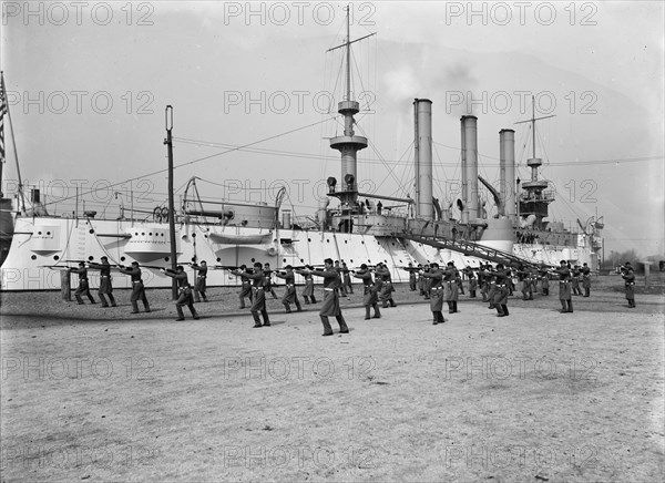 U.S.S. Brooklyn, Marine guard bayonet drill, (1897?). Creator: Unknown.