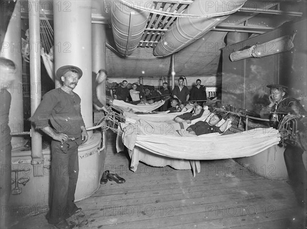 U.S.S. Brooklyn, hammocks on deck, between 1896 and 1899. Creator: Unknown.