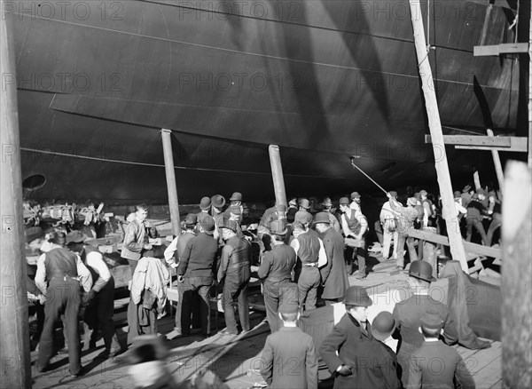 U.S.S. Maine, wedging up before launching, 1889. Creator: Unknown.