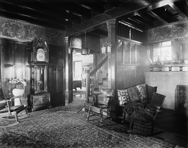 Residence of Dr. J.H. Lancashire, the hall and grandfather clock, Alma, Mich., between 1900 and 1910 Creator: Unknown.