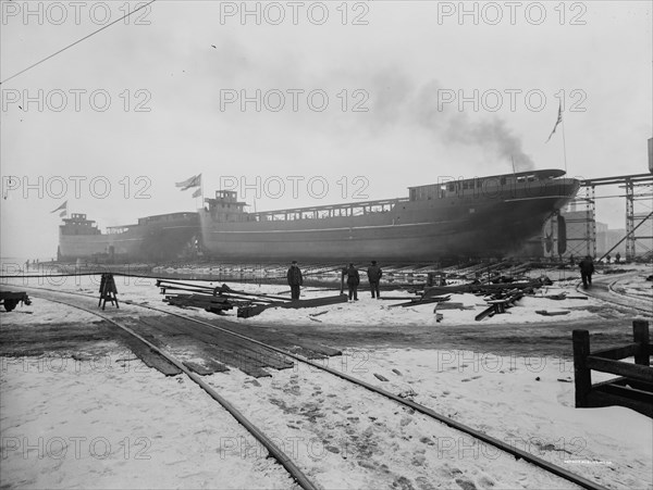 Strs. A.D. MacTier and F.P. Jones on the ways, 1913 Mar 8. Creator: Unknown.