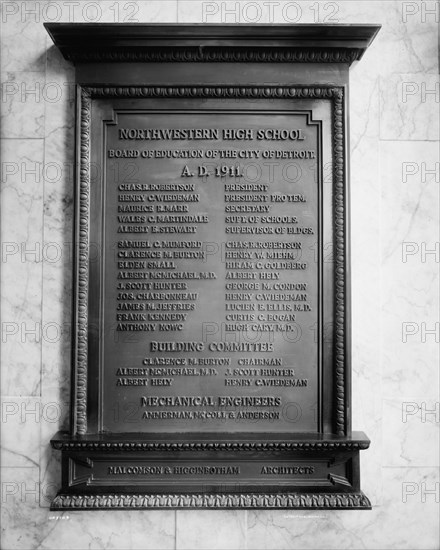 Northwestern High School, plaque in entrance, Detroit, Mich., ca 1911. Creator: Unknown.