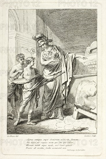 Minerva Teaching a Young Artist, illustration for the Catalogue historique du Cabinet by Mariette. Creator: Ange-Laurent de La Live de Jully.