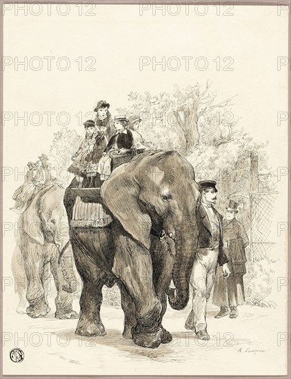 Elephant with Riders in Jardin des Plantes, Paris, n.d. Creator: Auguste-Andre Lancon.