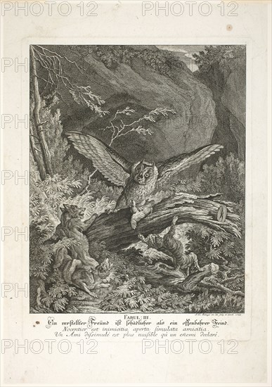 Fable III, plate three from Lehrreiche Fabeln aus dem Reiche der Theire, 1743. Creator: Johann Elias Ridinger.