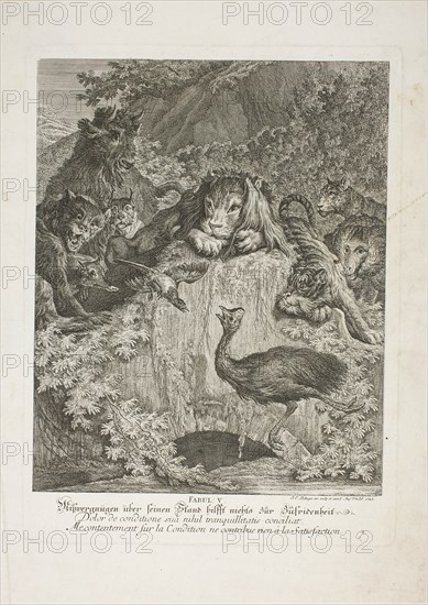 Fable V, plate five from Lehrreiche Fabeln aus dem Reiche der Theire, 1743. Creator: Johann Elias Ridinger.