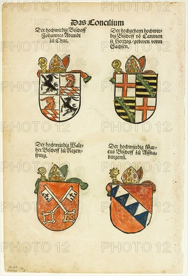 Coats of Arms of Bishops (recto and verso) from Das Concilium so zu Constantz..., 1937. Creator: Jorg Breu the Elder.