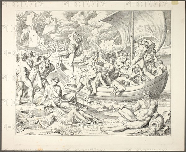 Charon's Bark with Souls Crossing the Styx, plate two from Darstellungen aus Dante's..., 1808-09. Creator: Joseph Anton Koch.