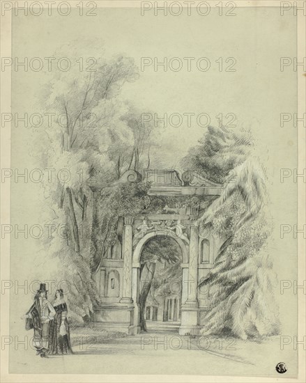 Couple in 17th Century Dress Standing Before Entrance to Park, 1864. Creator: Charles de Anson.