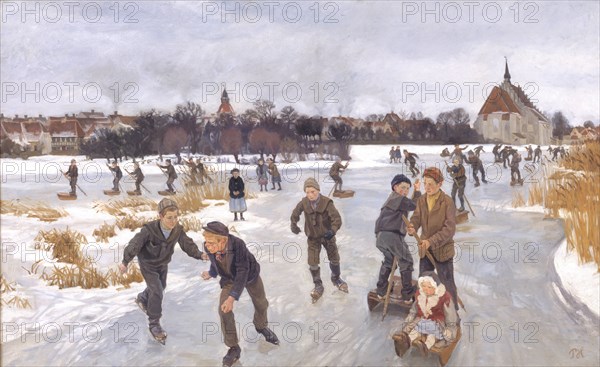 Children skating outside Fåborg, 1901. Creator: Peter Hansen.