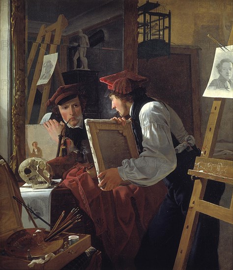 A Young Artist (Ditlev Blunck) Examining a Sketch in a Mirror, 1826. Creator: Wilhelm Bendz.