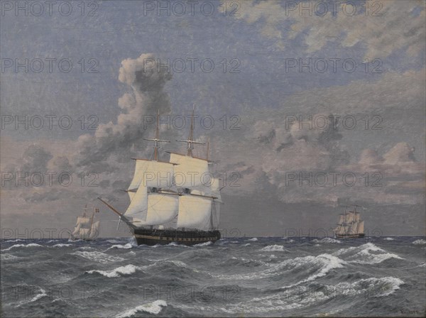 A Frigate and some other Ships Cruising, 1845. Creator: CW Eckersberg.