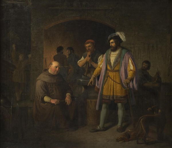 Jens Holgersen Ulfstand cures the abbot of Bækkeskov of his obesity by forcing him to work..., 1845. Creator: Peter Raadsig.