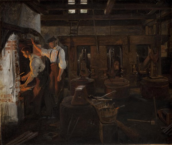 Interior of the old workshop at Hellebæk, 1859. Creator: Constantin Hansen.