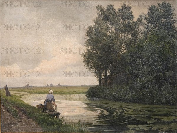 Dutch landscape; a girl washes by a canal, 1876. Creator: Edvard Frederik Petersen.