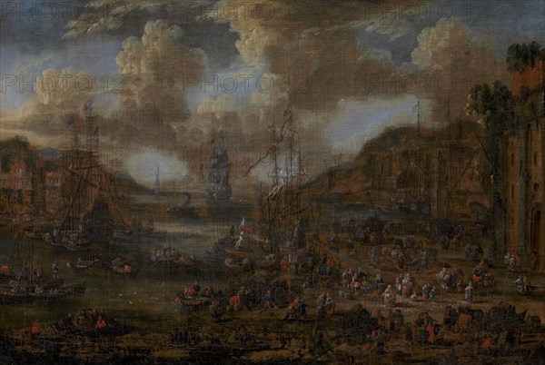 Sounthern Seaport with Numerous Figures on the Shore, 1607-1635. Creators: Pieter Casteels II, Jacques Callot.