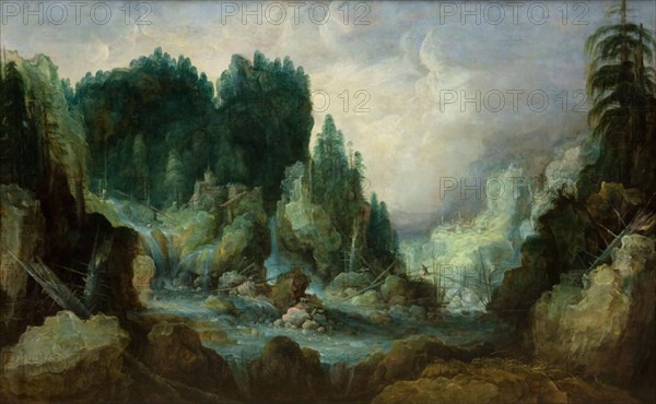 Rocky Landscape with a River and a Waterfall, 1612-1626. Creator: Monogrammist I. V. D. S..