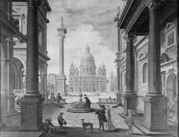 Square in front of a Renaissance Church (Saint Peter's Basilica, Rome), 1623. Creators: Bartholomeus van Bassen, Esaias van de Velde.