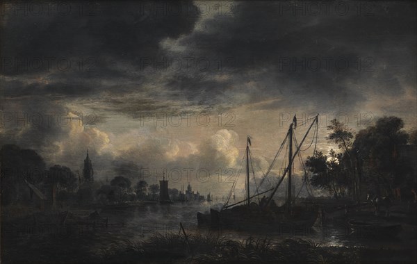 River Landscape in Moonlight;Moonlit View of Canal, 1643-1646. Creator: Aert van der Neer.