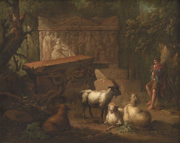 Overgrown ruins, with shepherd and goats in foreground, 1745-1786. Creator: Johan Edvard Mandelberg.