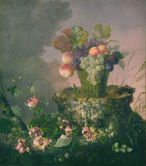 Basket of Flowers standing on a Tree Stump, 1814-1875. Creator: Hermania Neergaard.