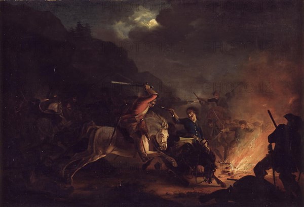 Skirmish at Night between Norwegian and Swedish Cavalry, 1818-1824. Creator: Christian Frederik Carl Holm.