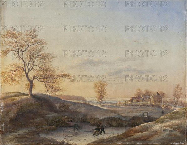 Winter landscape with ice skaters, from Frederiksdal, 1820-1829. Creator: Johan Stroe.