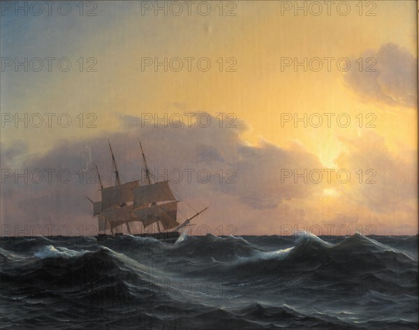 Frigate with rigged undersails in a storm, 1827-1865. Creator: Carl Dahl.