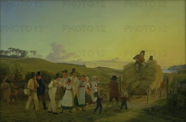 Farmworkers going home from the fields with the last load of grain, 1830-1882. Creator: Hans Jorgen Hammer.