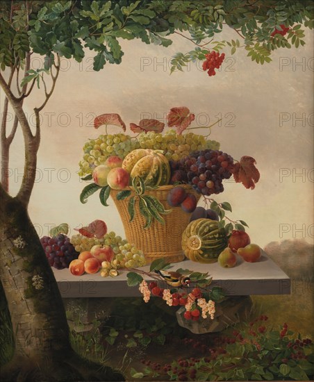 A Basket of Fruit in a Landscape, 1832. Creator: Christine Lovmand.