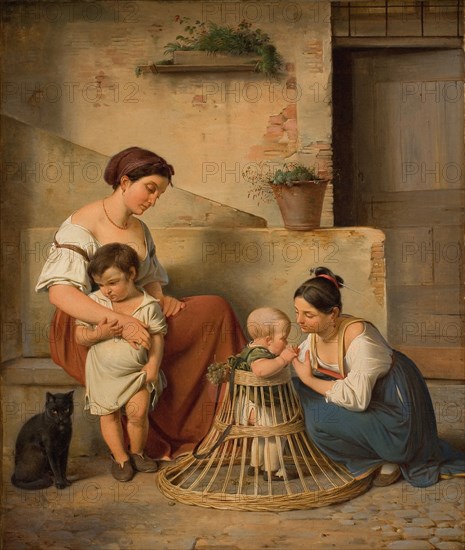 A Roman street scene; Two Italian women with their children, 1833. Creator: Albert Kuchler.