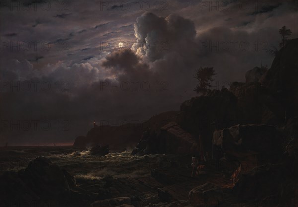 View of Kullen in Sweden, Smugglers Hiding their Goods among the Rocks, Moonlight, 1834. Creator: Louis Gurlitt.