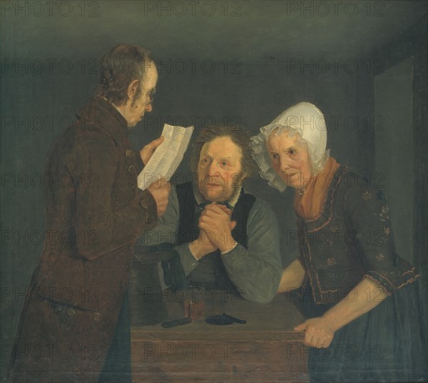 A Schoolmaster Reading Aloud a Letter to an Old Couple from Their Son Abroad, 1835. Creator: Moritz Unna.