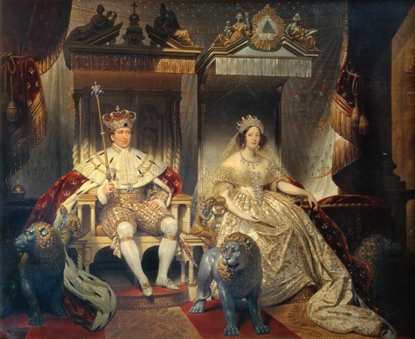 Christian VIII (1786-1848) and Queen Caroline Amalie (1796-1881) in Coronation Robes, 1841. Creator: Joseph-Desire Court.