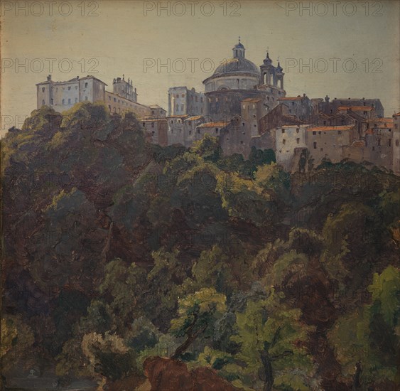 View towards Ariccia and the Palazzo Chigi and S. Maria dell'Assunzione, Italy, 1843-1847. Creator: Thorald Lessoe.