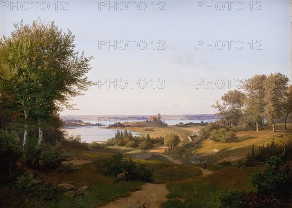 View of the Hill at Skanderborg Castle, Jutland, and the Memorial to Frederik VI, 1845. Creator: Andreas Juuel.