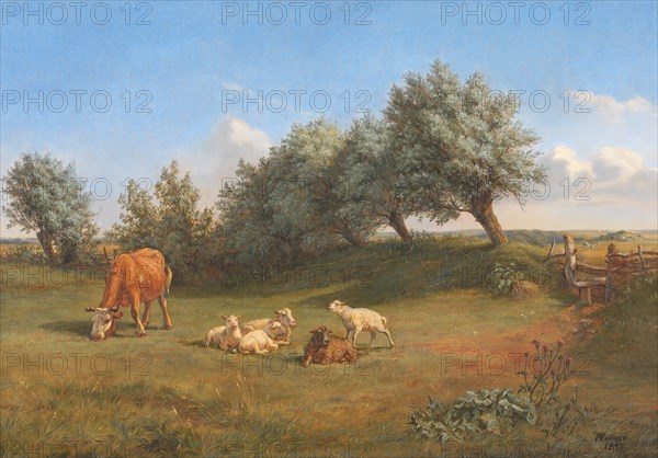 Cow and sheep, 1847. Creator: Andreas Peter Madsen.