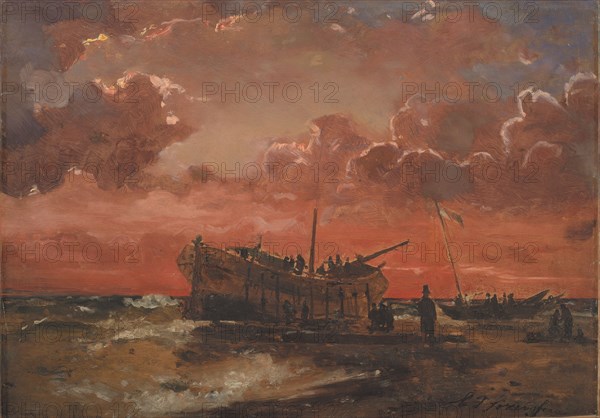 A Wreck on the West Coast of Jutland at Sunset, 1847. Creator: Carl Frederik Sorensen.