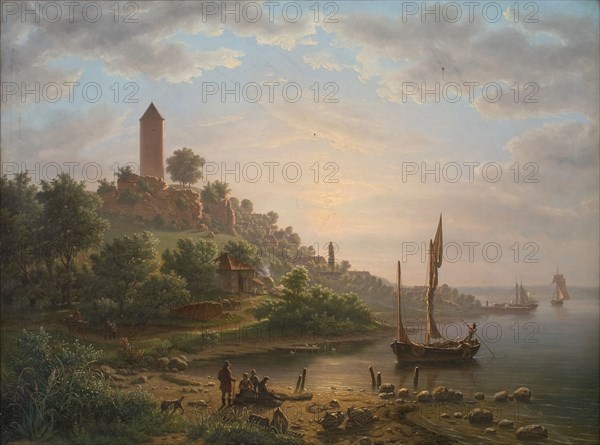 The coast at Vordingborg with the Goose Tower (Gåsetårnet), early morning, 1848. Creator: Jens Peter Møller.