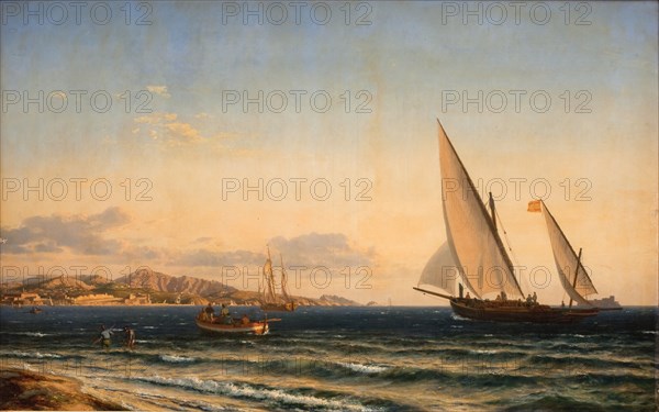 Evening by the Mediterranean; In the background Marseilles and oen If, 1854. Creator: Emanuel Larsen.