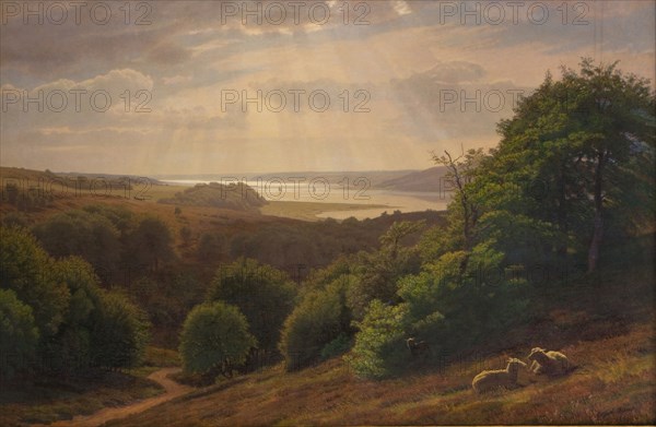 View from Vesterskov at Mariager; fjord in the background, 1869. Creator: Godtfred Rump.