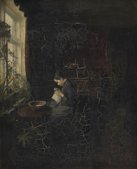 Interior with a Girl Sewing, 1888. Creator: Carl Holsoe.