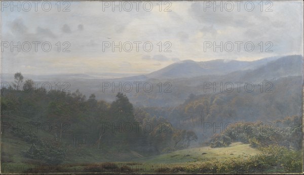 The fog lifts over the forests at Himmelbjerget. Early autumn morning, 1895. Creator: Harald Foss.