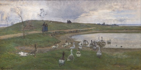 Geese by a lake, unsettled weather, Dragør, 1897. Creator: Viggo Johansen.