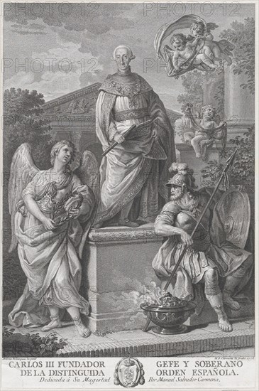 Allegorical portrait of Carlos III standing on a pedestal flanked by figures (War and Peac..., 1778. Creator: Manuel Salvador Carmona.