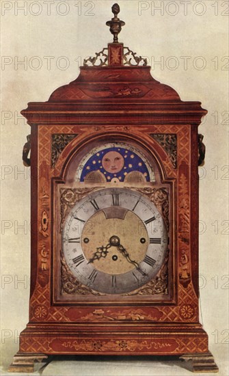 'Chiming Mantel Clock with Moon-Work in Red and Gold Lacquer Case', 1947. Creator: Unknown.