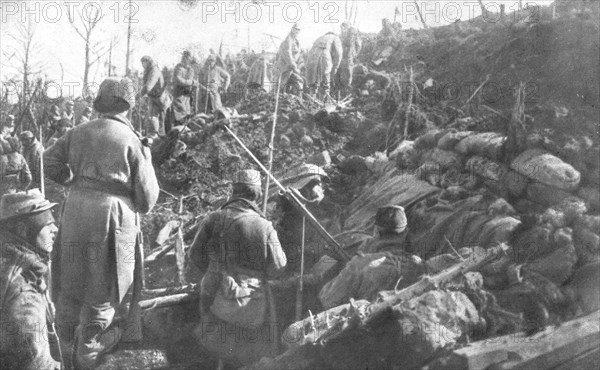 'Aux Eparges; Progressant sous la mitraille, les sections de tete arrivent sur la position', 1915. Creator: Unknown.