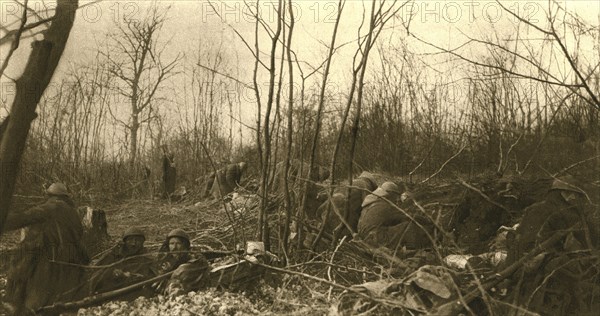 'Au Bois Des Caures; En soutien a la corne Sud du bois, le meme matin, des elements..., 1916 (1924) Creator: Unknown.